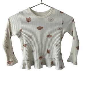 Gelato Pique White Dog Printed Long Sleeve Ruffle Hem Knit Top Ribbed Kids S